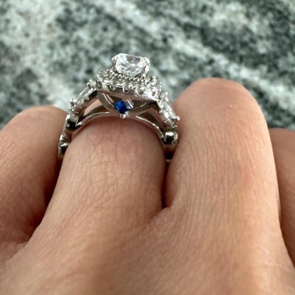 Silver Diamond Halo Engagement Ring Set Wedding - Picture 5 of 14